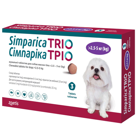 Simparica TRIO (Сімпаріка ТРІО) Таблетки від бліх, кліщів та глистів для собак вагою від 2,5 до 5 кг