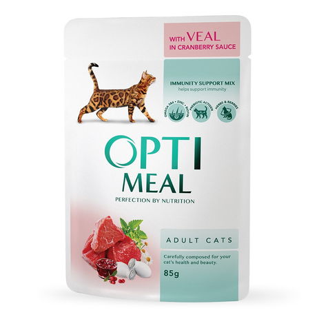 Optimeal Вологий корм для дорослих котів з телятиною в журавлинному соусі, 85 г