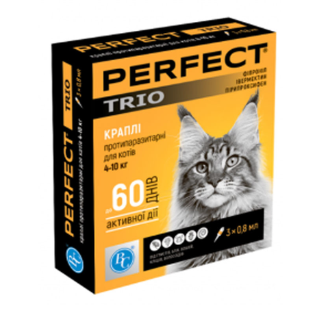 Perfect Trio Капли от блох и клещей для кошек 4-10 кг, 1 уп.(3 пипетки)
