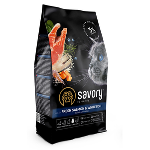 Savory сухий корм класу холістик для довгошерстих кішок зі свіжим лососем та білою рибою