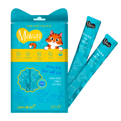 Mavsy (Мавсі) Creamy Treats Tuna With Cod Рідкі Кремоподібні Ласощі Для Котів З Тунцем Та Тріскою, 5X15 Г Фото Від Dog.Com.Ua