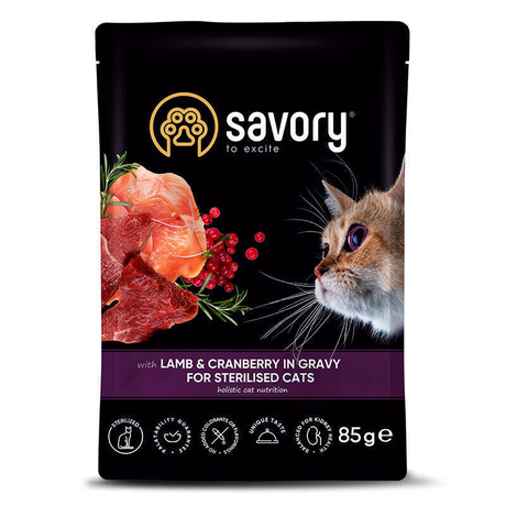 Savory Cat Pouch for Sterilised with Lamb and Cranberry для стерилізованих котів, пауч