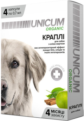Краплі на натуральній основі для відлякування бліх і кліщів для собак UNICUM ORGANIC (4 капсули)
