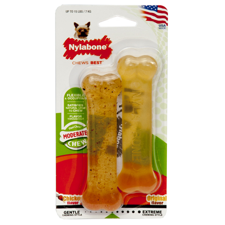 Nylabone Flexi Chew Twin Pack жувальна іграшка кістка для собак до 7 кг, СМАК КУРКА + БЕЗ СМАКУ, компл. 2шт (середнє гризіння)