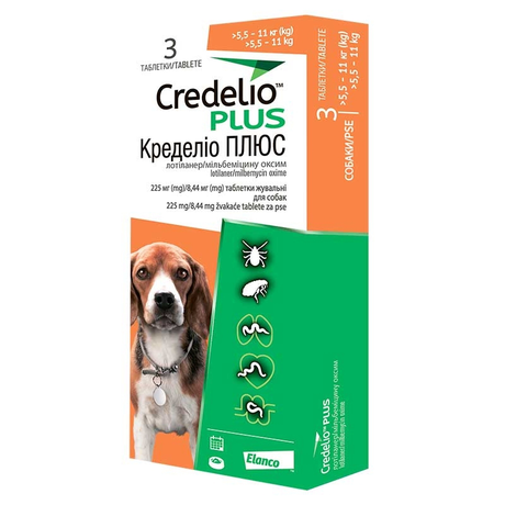 Credelio Plus by Elanco (Кределіо Плюс) Таблетки від бліх, кліщів та глистів для собак вагою від 5,5 до 11 кг