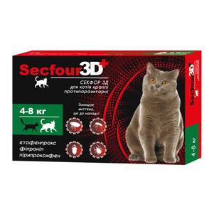 Secfour 3D Капли от блох и клещей для котов, 1 уп. (2 пипетки)