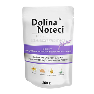 Пауч Dolina Noteci Premium для щенков, юниоров собак маленьких пород с печенью кролика и языком оленя, 100 гр