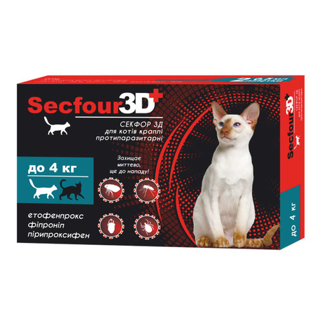 Secfour 3D Капли от блох и клещей для котов, 1 уп. (2 пипетки)