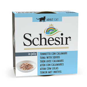Schesir Tuna With Squid Шезир Тунець З Кальмаром В Желе Натуральні Консерви Для Котів, Вологий Корм, Банку 85Г Фото Зоомагазину Dog.Com.Ua