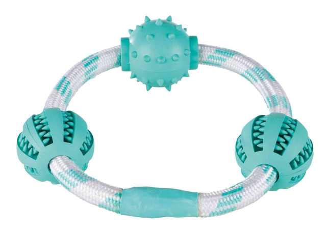 Игрушка для собак Trixie Denta Fun "Кольцо-канат с мячами" для чистки зубов натуральная резина с мятой, 20 см