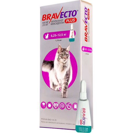 Bravecto Plus (Бравекто Плюс) Краплі від бліх, кліщів і глистів для котів вагою від 6,25 кг до 12,5 кг (захист на 12 тижнів)