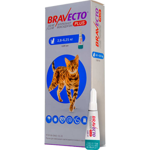 Bravecto Plus (Бравекто Плюс) Краплі від бліх, кліщів і глистів для котів вагою від 2,8 кг до 6,25 кг (захист на 12 тижнів)