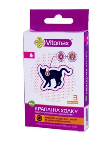 VITOMAX Эко-капли на холку против блох и клещей для кошек, 3 пипетки