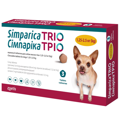 Simparica TRIO (Сімпаріка ТРІО) Таблетки від бліх, кліщів та глистів для собак вагою від 1,3 до 2,5 кг