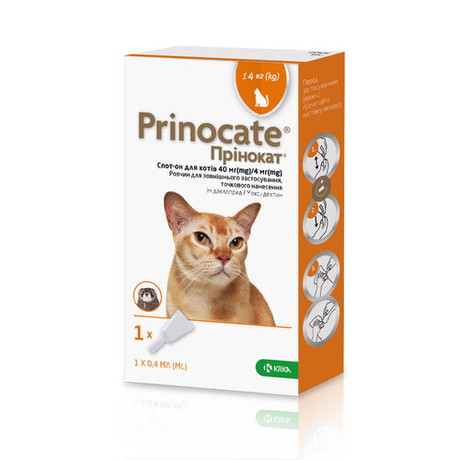 KRKA Prinocate Cat Противопаразитарные капли Принокат на холку от блох, клещей и гельминтов для котов весом до 4 кг