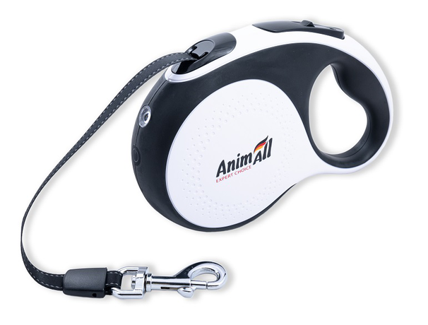 AnimAll рулетка-повідець з LED ліхтариком L до 50 кг/5 метрів Біло-чорна