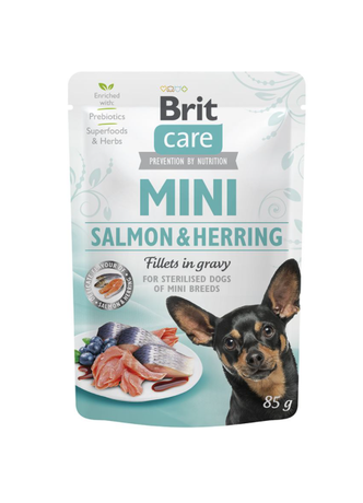 Консерва Brit Care Dog Mini Fillets In Gravy з лососем та оселедцем для стерилізованих собак малих та мініатюрних порід
