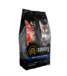 Сухий корм Savory Сухий корм класса холістик для цуценят великих порід із свіжого м'яса індички і курки