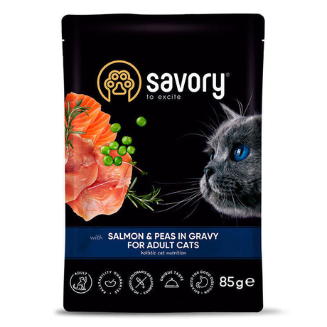 Savory Cat Pouch for Adult, with Salmon and Peas in Gravy для дорослих котів, пауч