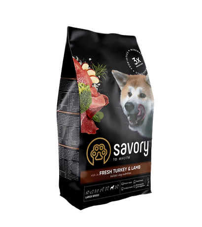 Сухий корм Savory Сухий корм класса холістик для собак великих порід із свіжого м'яса індички і ягняти