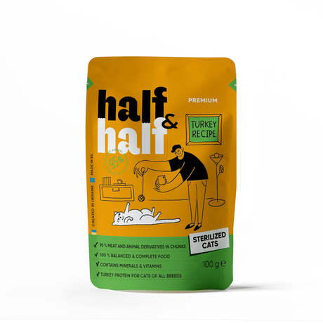 Half&Half Корм влажный для стерилизованных кошек, кусочки с индейкой в желе в форме пауча