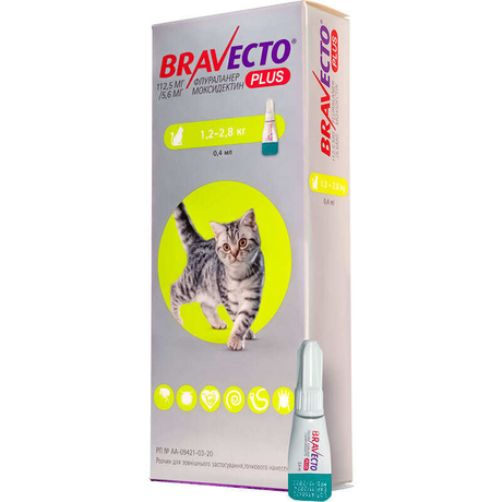 Bravecto Plus (Бравекто Плюс) Краплі від бліх, кліщів і глистів для котів вагою від 1,2 кг до 2,8 кг (захист на 12 тижнів)