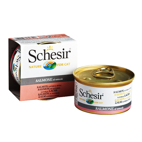 Schesir Salmon Natural Style ШЕЗИР ЛОСОСЬ натуральные консервы для кошек, влажный корм лосось в собственном соку, банка 85 г