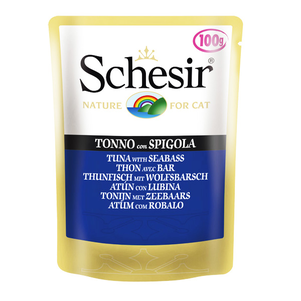 Schesir Tuna Seabass ШЕЗИР ТУНЕЦ С ОКУНЕМ влажный корм натуральные консервы для кошек, тунец с морским окунем в желе, пауч 100 г
