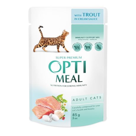 Optimeal Вологий корм для дорослих котів із фореллю в кремовому соусі, 85 г
