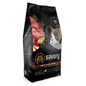Savory сухой корм класса холистик для кошек с чувствительным пищеварением из свежего мяса ягненка и индейки