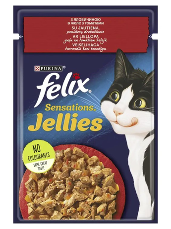 Felix Sensations Jellies Вологий корм для котів з яловичиною та томатами, 85 г
