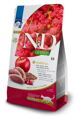 Farmina N&D Quinoa Hairball ADULT Сухий беззерновий корм для стимулювання вигнання волосяних грудочок у кішок з качкою, кіноа, яблуком і журавлиною