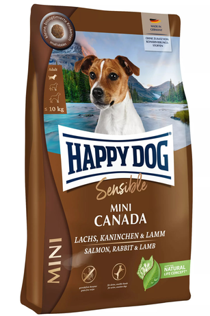 Сухой корм Happy Dog Canada Mini беззерновой корм для взрослых собак мелких пород с чувствительным пищеварением (лосось и кролик)
