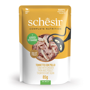 Schesir Tuna And Chicken Вологий Корм У Желе Для Котів З Тунцем Та Курячим Філе Пауч, 85 Г Фото Зоомагазину Dog.Com.Ua