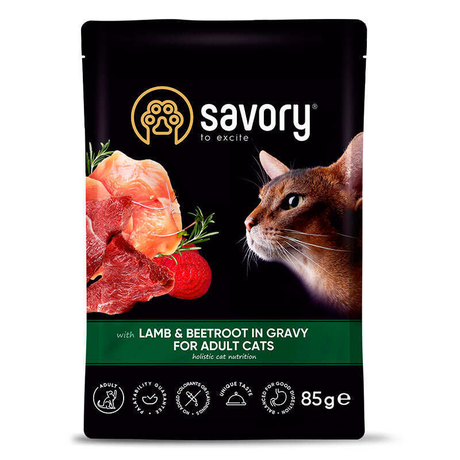 Savory Cat Pouch for Adult, with Lamb and beetroot in Gravy для дорослих котів, пауч