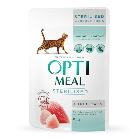 Optimeal Вологий корм для стерилізованих котів з індичкою та курячим філе в соусі, 85 г