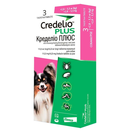 Credelio Plus by Elanco (Кределіо Плюс) Таблетки від бліх, кліщів та глистів для собак вагою від 2,8 до 5,5 кг